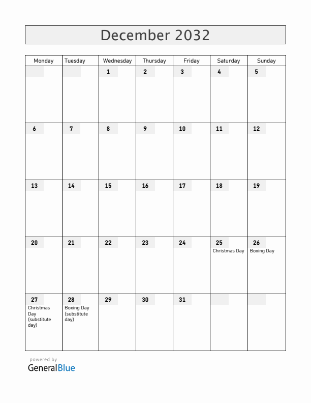 New Zealand December 2032 Calendar with Holidays