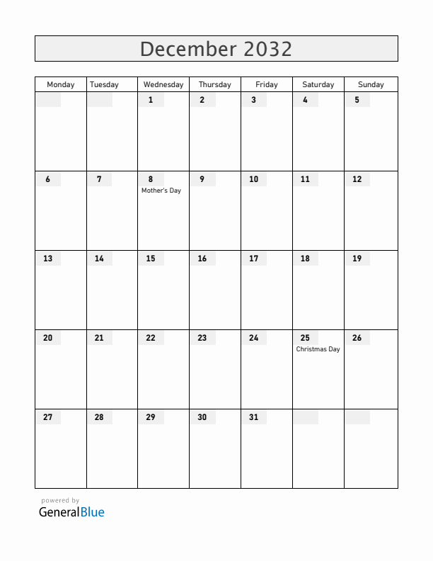 Panama December 2032 Calendar with Holidays