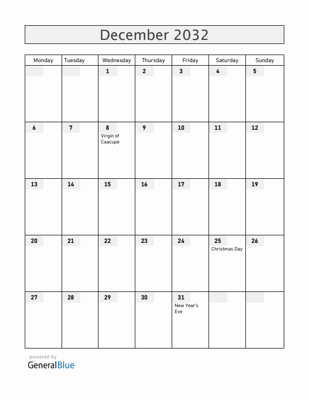 Paraguay December 2032 Calendar with Holidays
