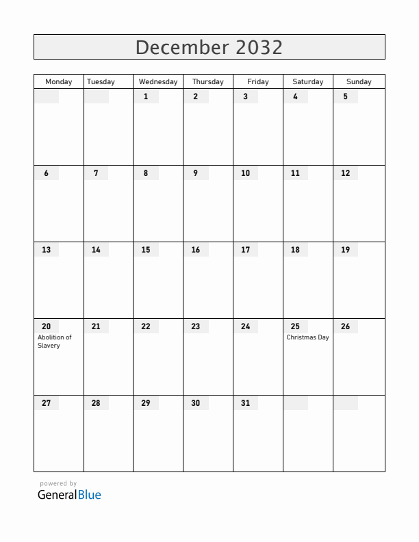 Reunion December 2032 Calendar with Holidays