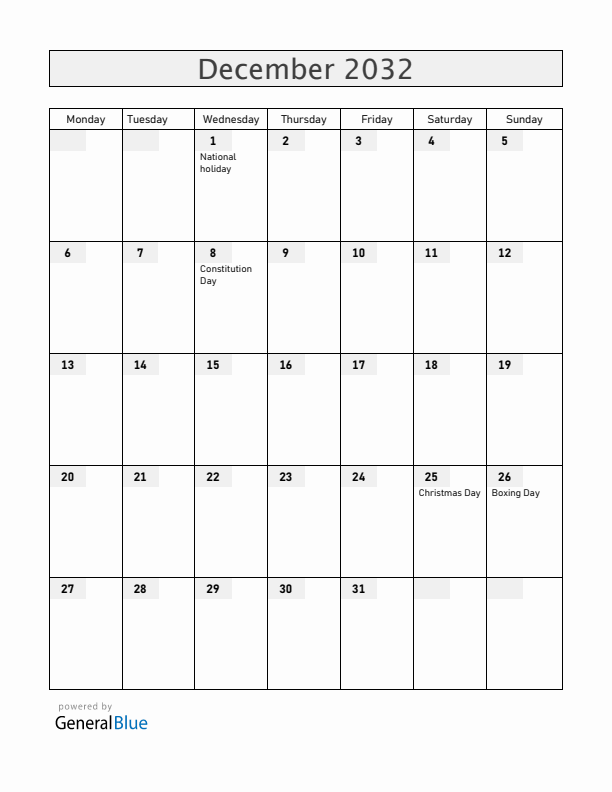 Romania December 2032 Calendar with Holidays
