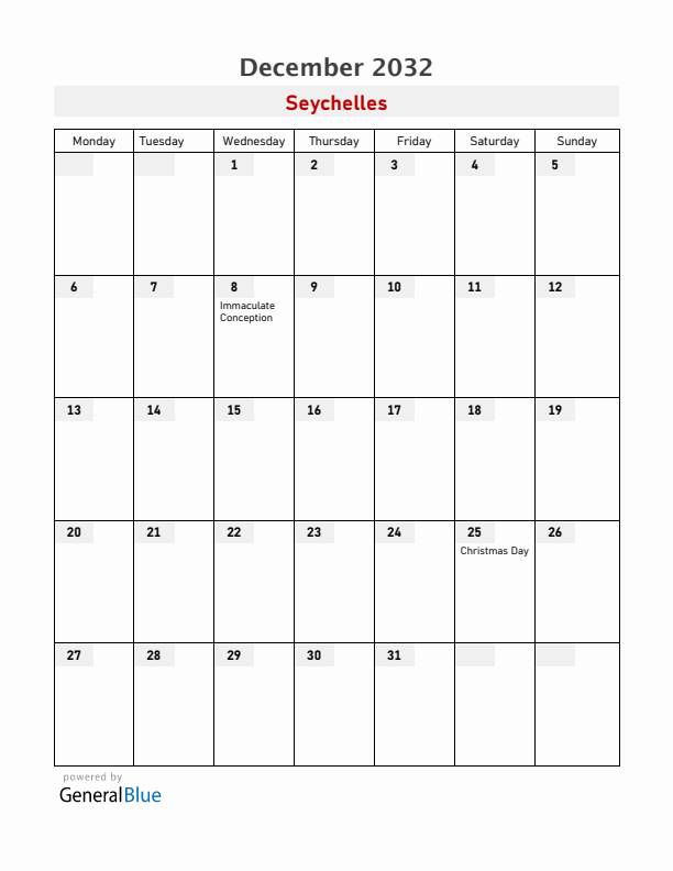 Seychelles December 2032 Calendar with Holidays