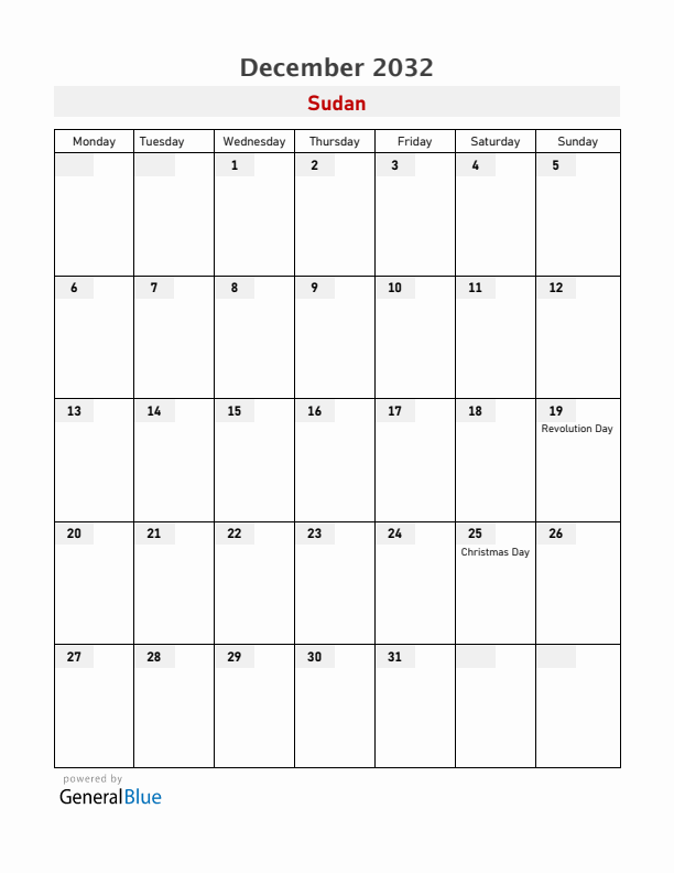 Sudan December 2032 Calendar with Holidays