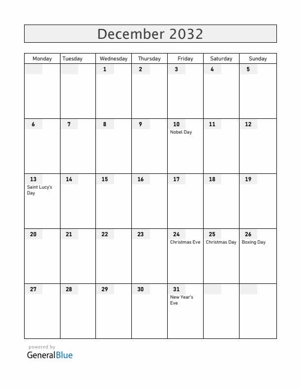 Sweden December 2032 Calendar with Holidays