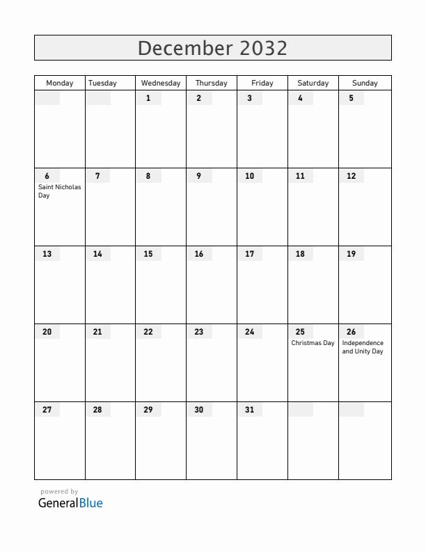 Slovenia December 2032 Calendar with Holidays