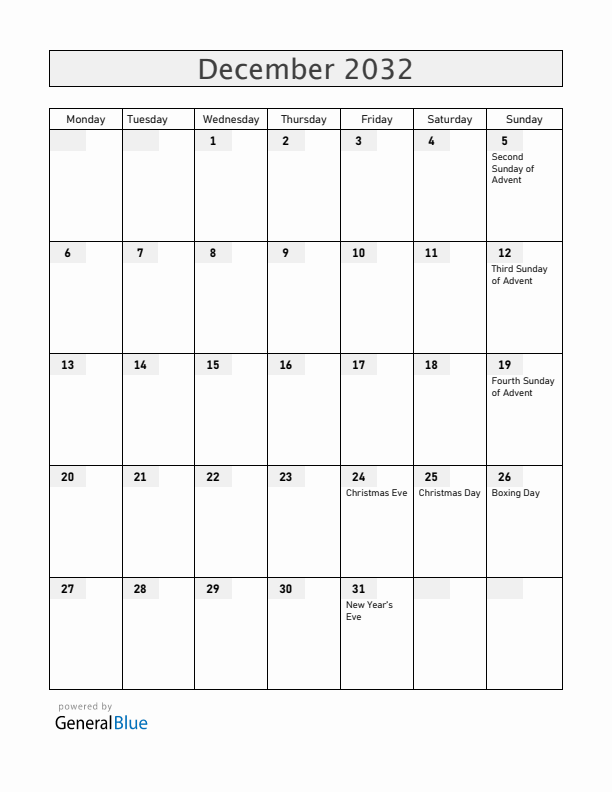 Svalbard and Jan Mayen December 2032 Calendar with Holidays