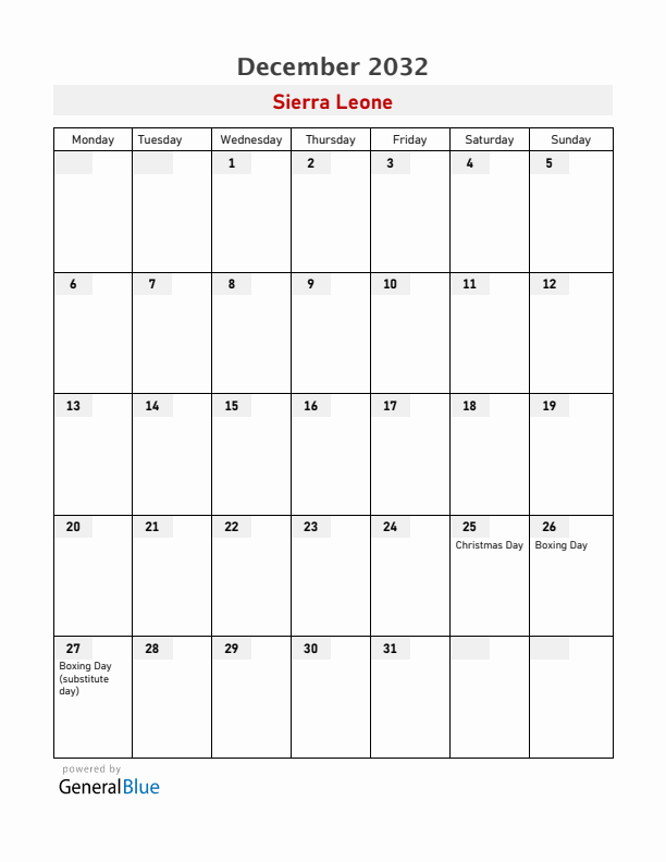 Sierra Leone December 2032 Calendar with Holidays