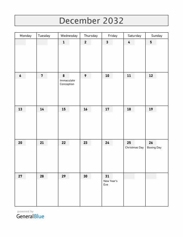 San Marino December 2032 Calendar with Holidays