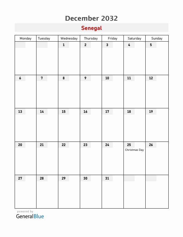 Senegal December 2032 Calendar with Holidays