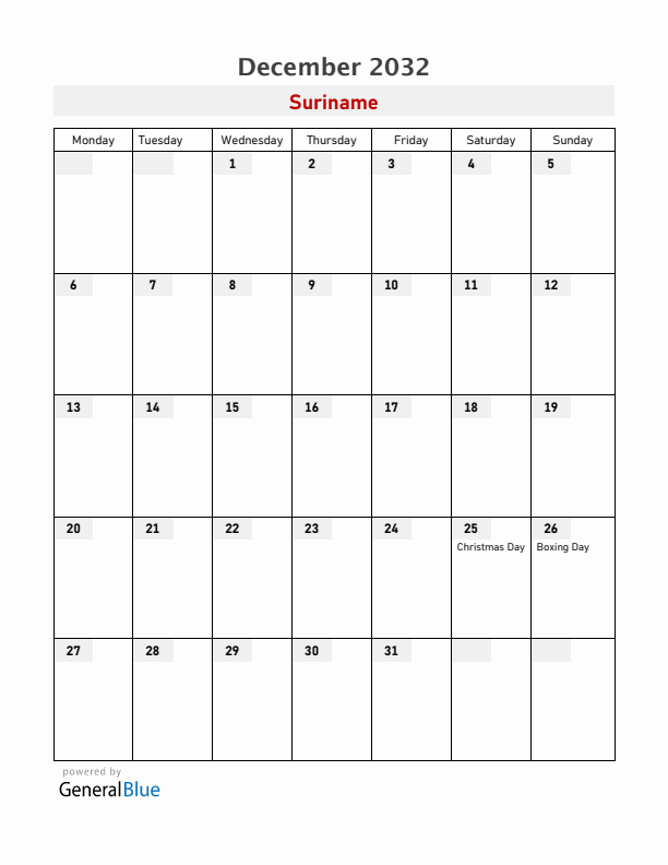 Suriname December 2032 Calendar with Holidays