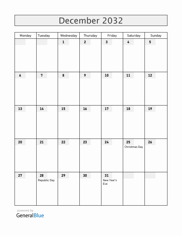 South Sudan December 2032 Calendar with Holidays
