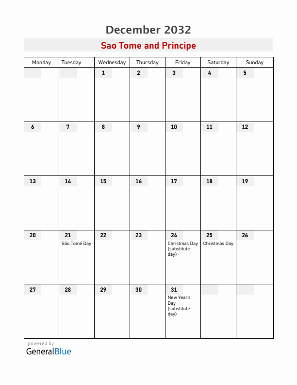 Sao Tome and Principe December 2032 Calendar with Holidays