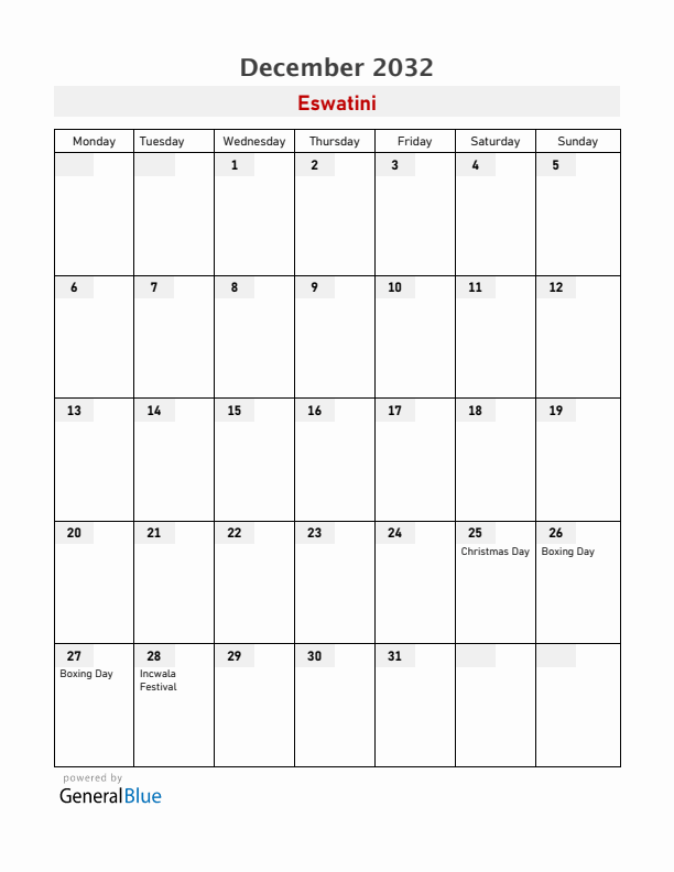 Eswatini December 2032 Calendar with Holidays