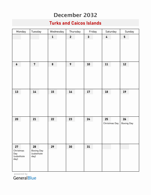 Turks and Caicos Islands December 2032 Calendar with Holidays