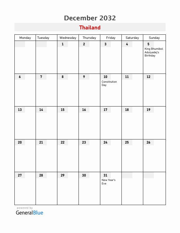 Thailand December 2032 Calendar with Holidays