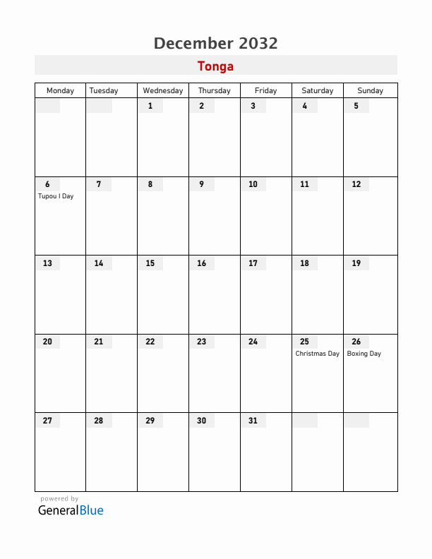 Tonga December 2032 Calendar with Holidays
