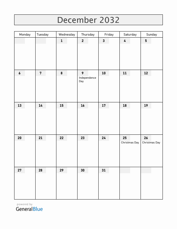 Tanzania December 2032 Calendar with Holidays