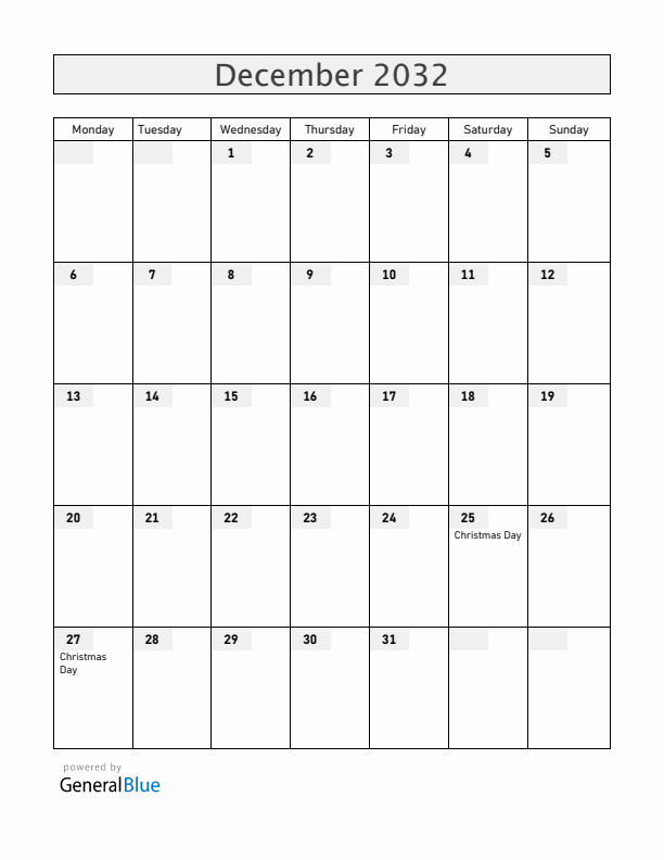 Ukraine December 2032 Calendar with Holidays