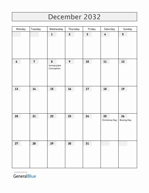 Vatican December 2032 Calendar with Holidays