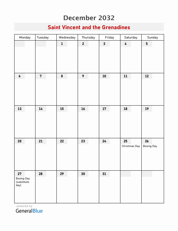 Saint Vincent and the Grenadines December 2032 Calendar with Holidays