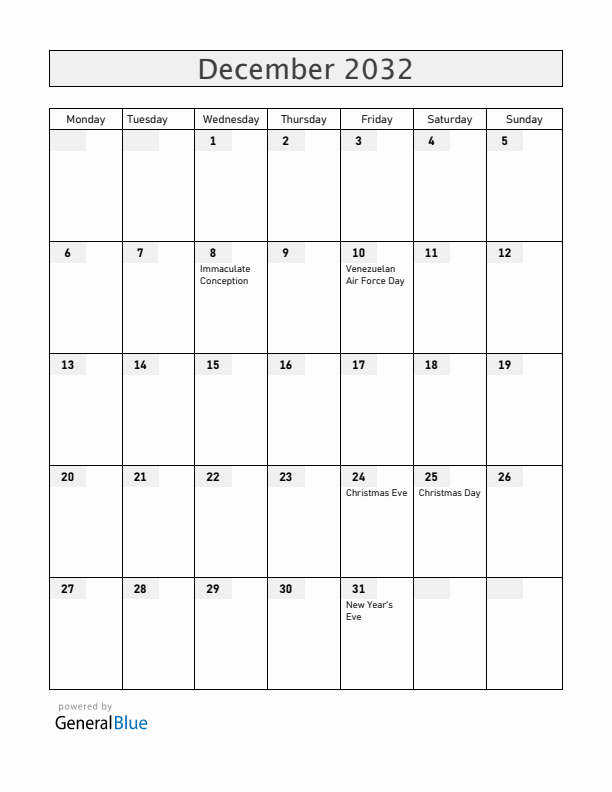 Venezuela December 2032 Calendar with Holidays