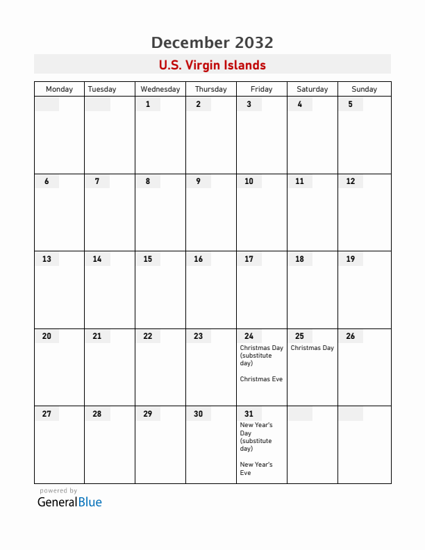 U.S. Virgin Islands December 2032 Calendar with Holidays