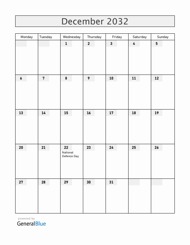 Vietnam December 2032 Calendar with Holidays