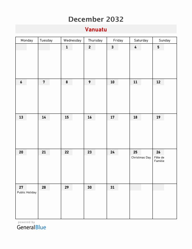 Vanuatu December 2032 Calendar with Holidays