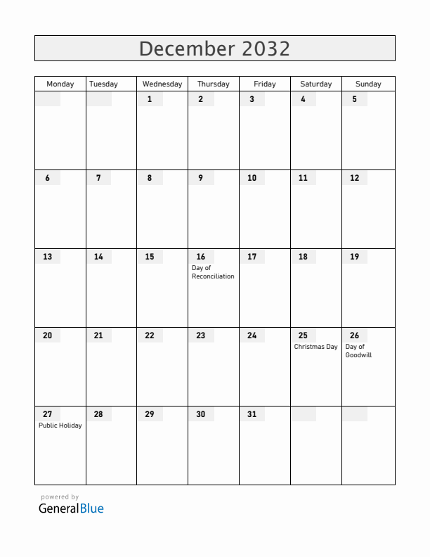 South Africa December 2032 Calendar with Holidays