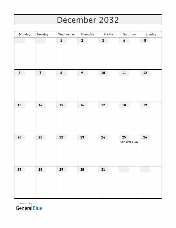 Zambia December 2032 Calendar with Holidays