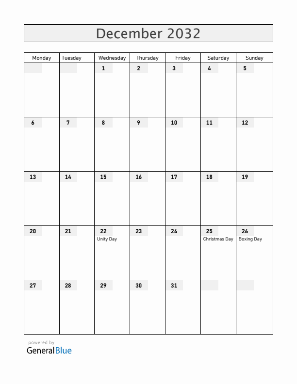 Zimbabwe December 2032 Calendar with Holidays