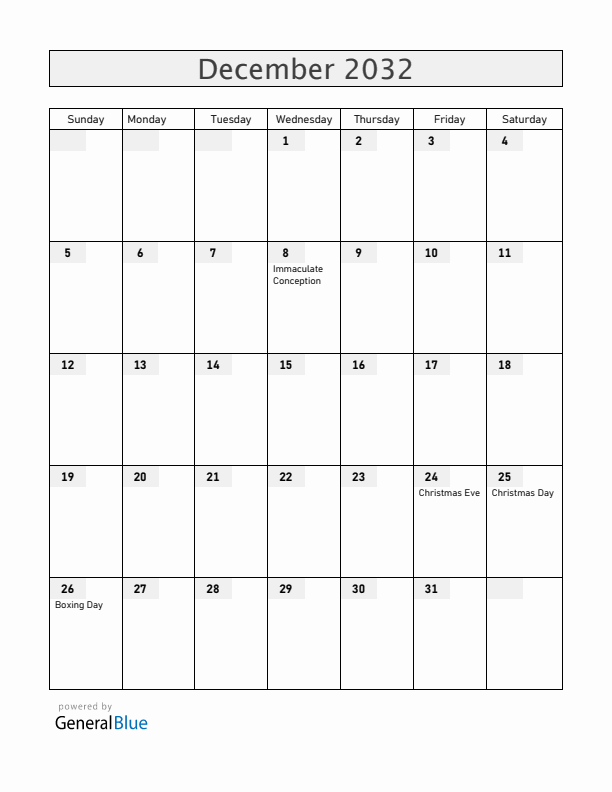 Andorra December 2032 Calendar with Holidays
