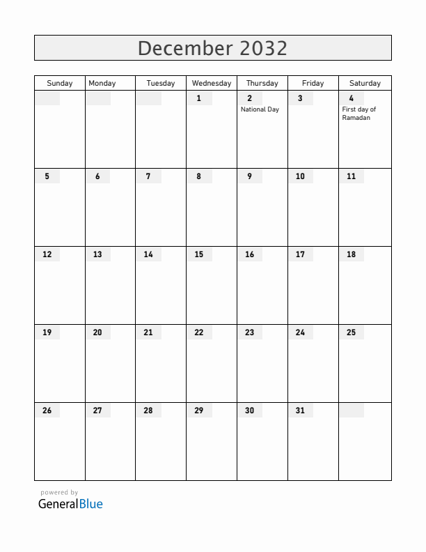 United Arab Emirates December 2032 Calendar with Holidays