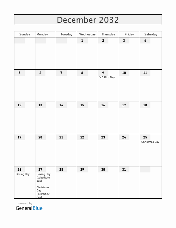 Antigua and Barbuda December 2032 Calendar with Holidays
