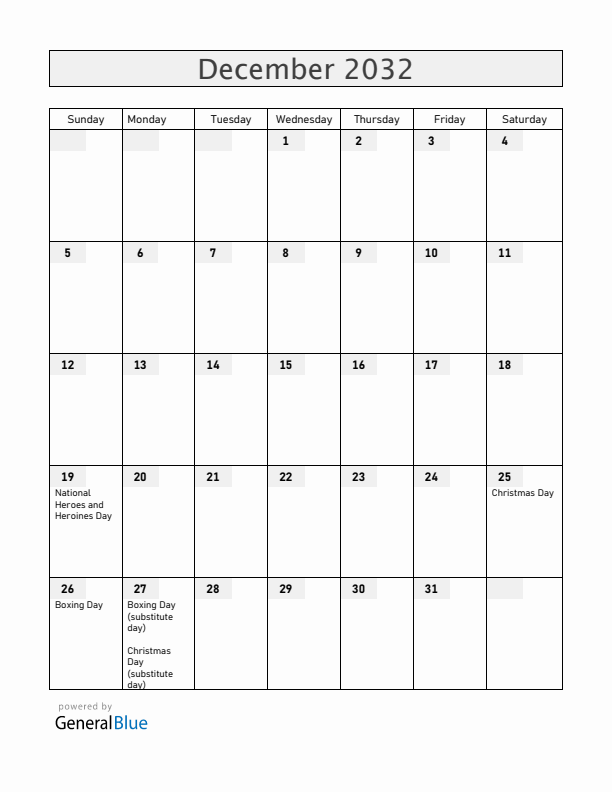 Anguilla December 2032 Calendar with Holidays