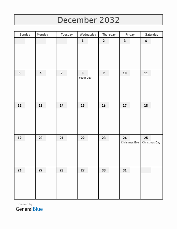 Albania December 2032 Calendar with Holidays