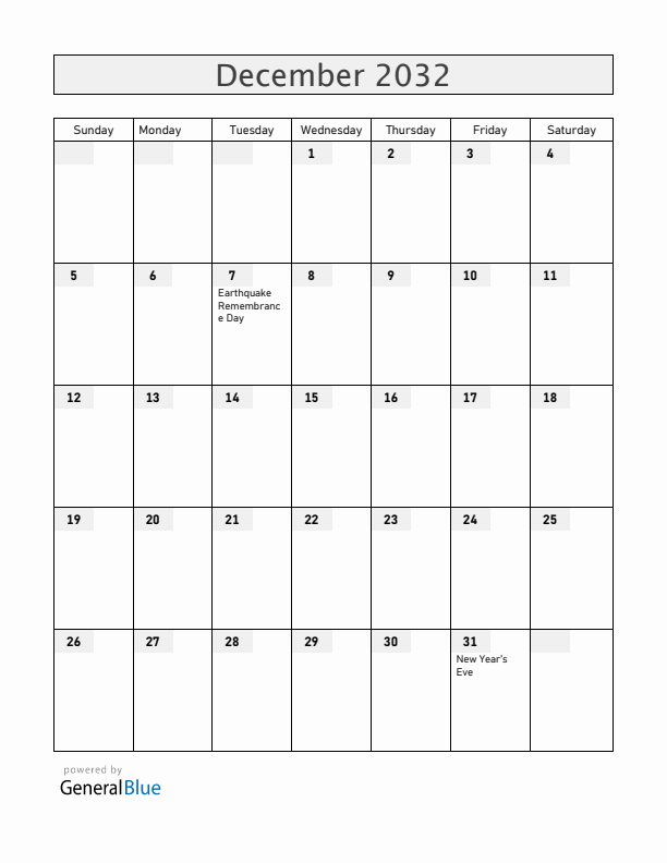 Armenia December 2032 Calendar with Holidays