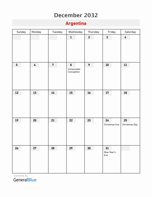 Argentina December 2032 Calendar with Holidays