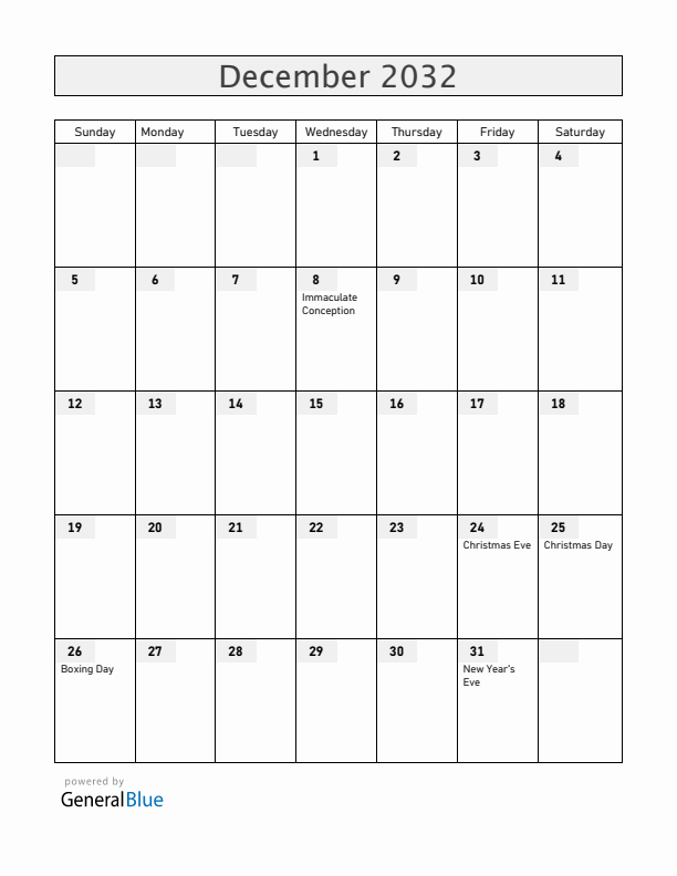 Austria December 2032 Calendar with Holidays