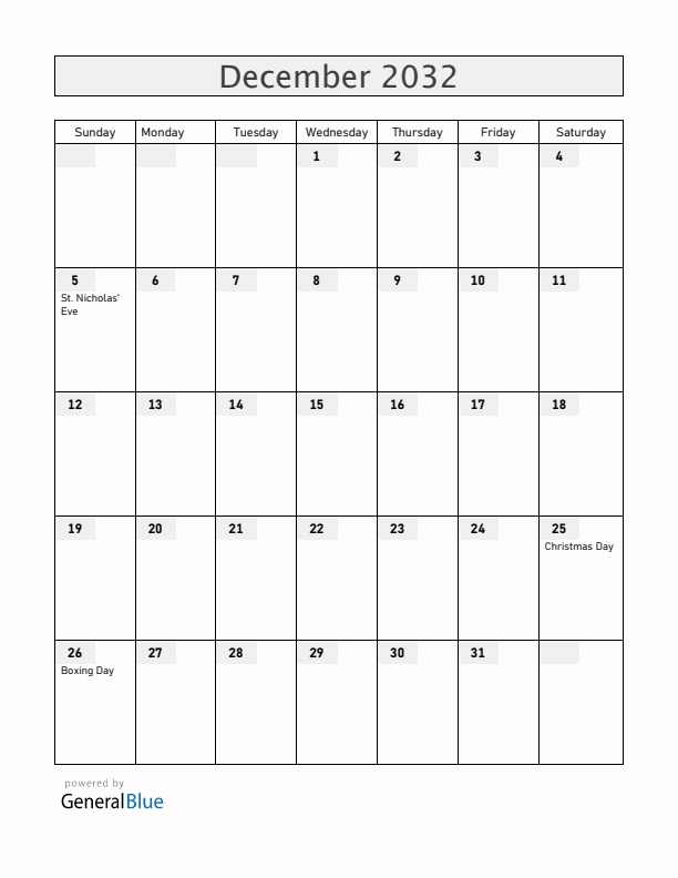 Aruba December 2032 Calendar with Holidays