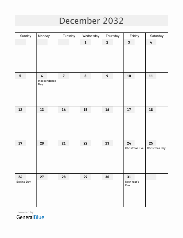 Aland Islands December 2032 Calendar with Holidays