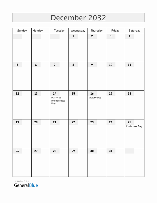 Bangladesh December 2032 Calendar with Holidays
