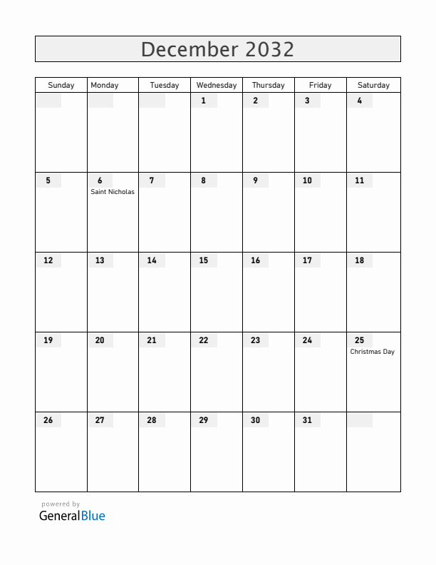 Belgium December 2032 Calendar with Holidays