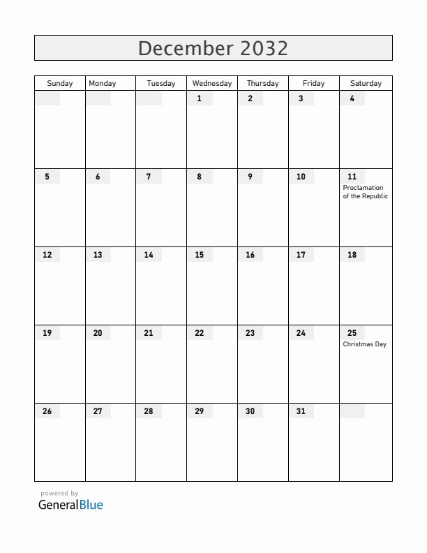 Burkina Faso December 2032 Calendar with Holidays
