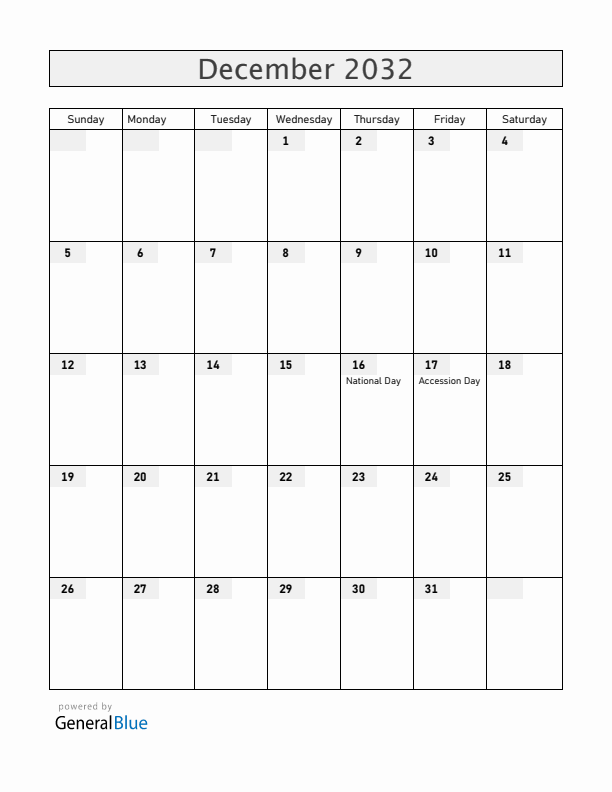 Bahrain December 2032 Calendar with Holidays