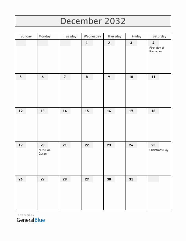 Brunei December 2032 Calendar with Holidays