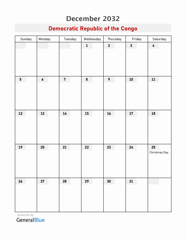 Democratic Republic of the Congo December 2032 Calendar with Holidays