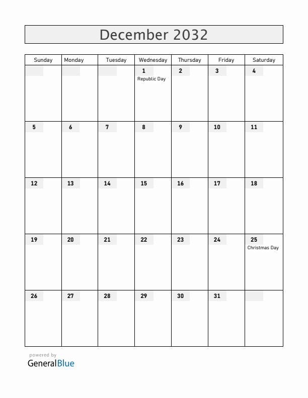 Central African Republic December 2032 Calendar with Holidays