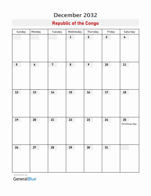 Republic of the Congo December 2032 Calendar with Holidays