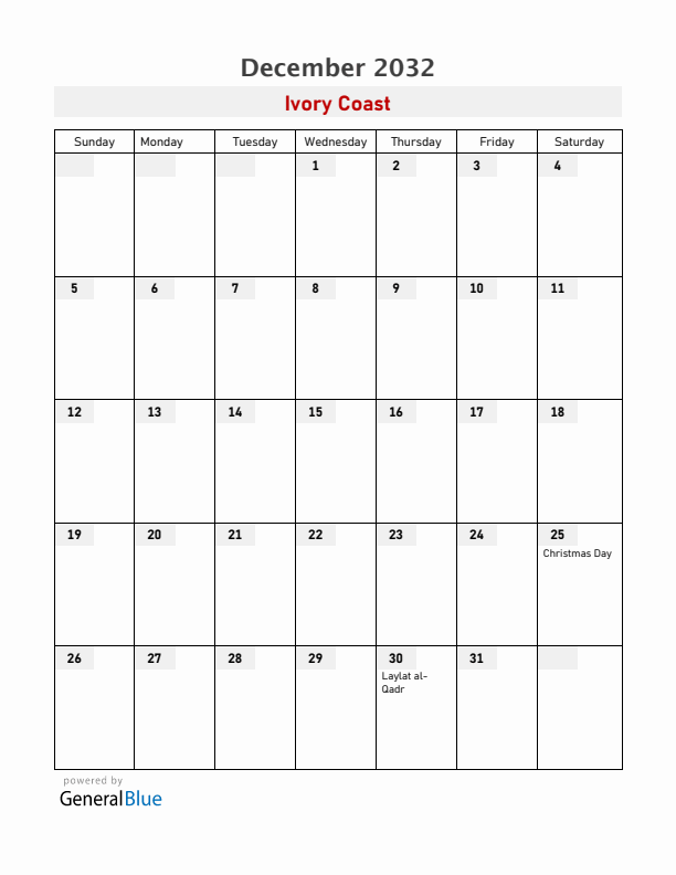 Ivory Coast December 2032 Calendar with Holidays